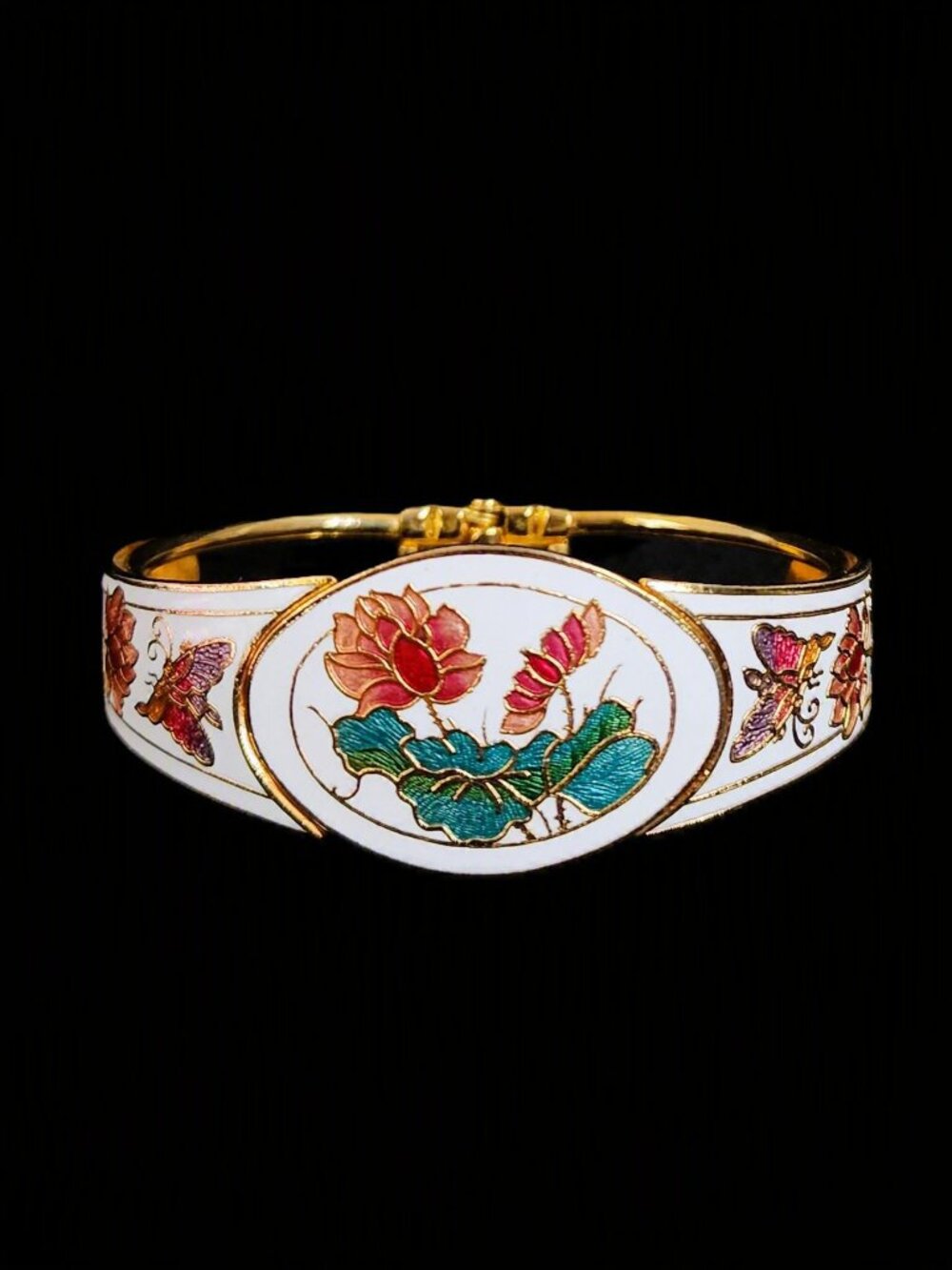 Vintage 80s White Cloisonné Clamper Bangle Bracelet - Lotus & Butterflies NOS